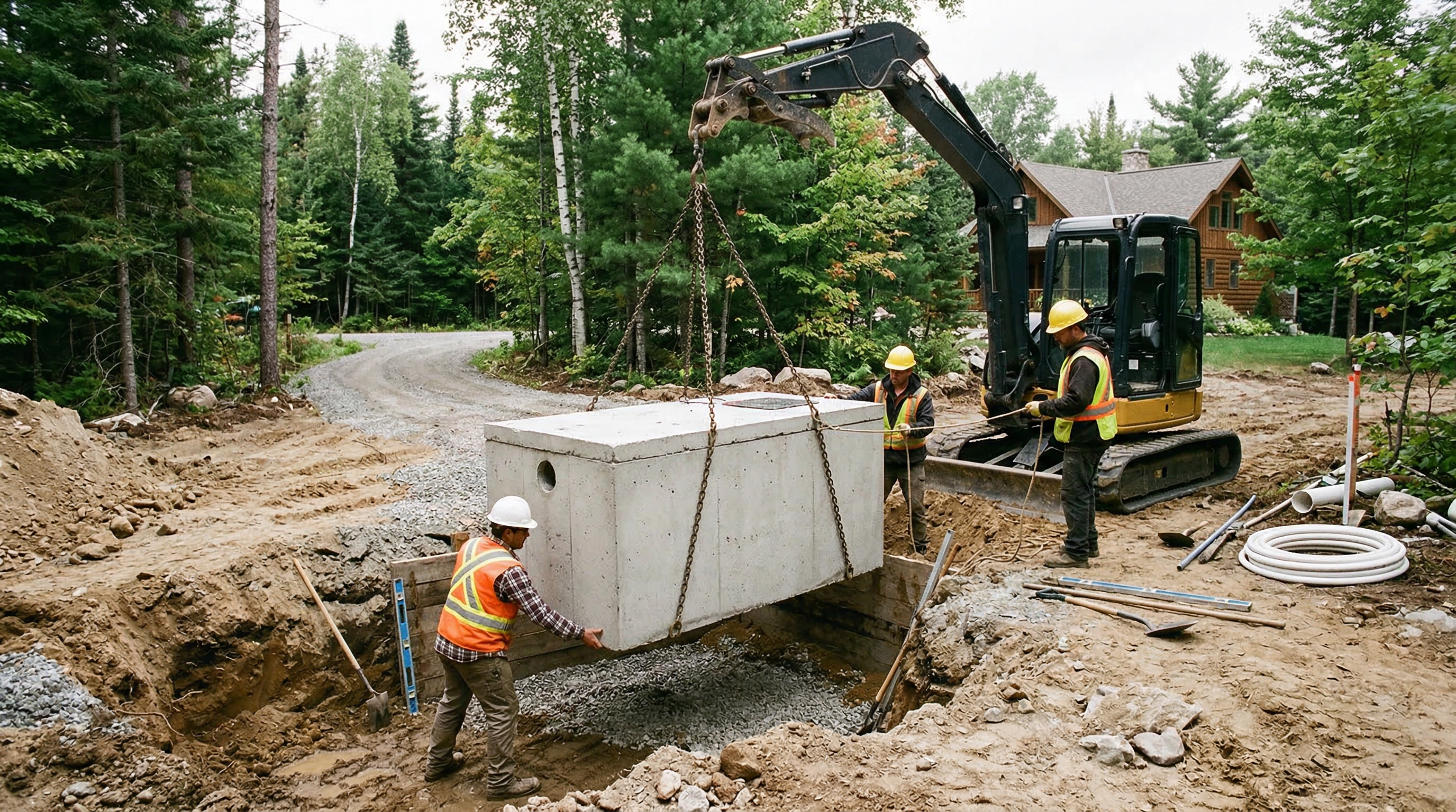Septic tank being installed on a rural Ontario property by licensed contractors